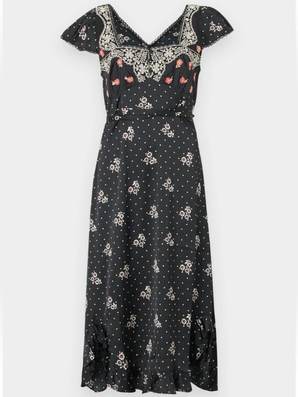 Free People Haven Embroidered Lace Trim Satin Midi Dress